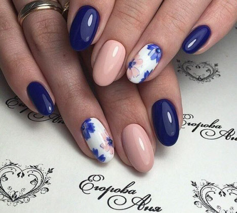 Beige manicure with blue