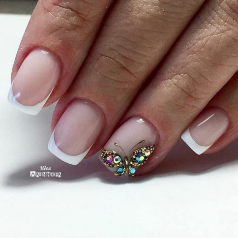French manicure with stones for short nails
